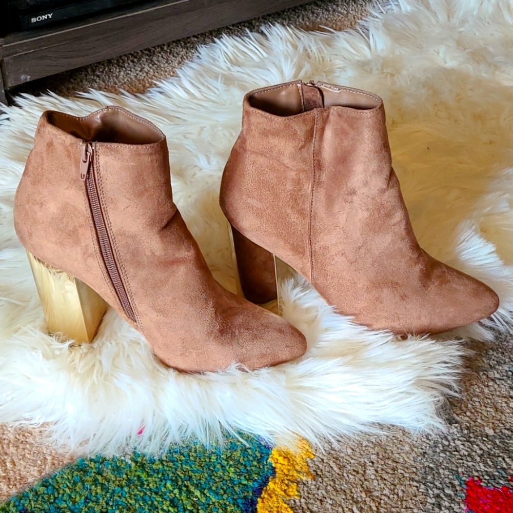 Taupe Suede Mirrored Gold Heel Booties